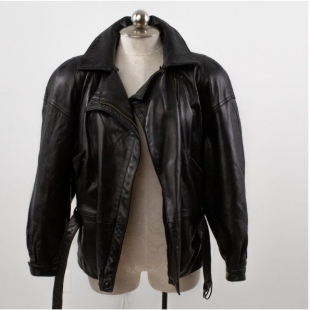Vintage 80s Black Leather Jacket M Footballer Short Blazer Coat - Picture 10 of 14